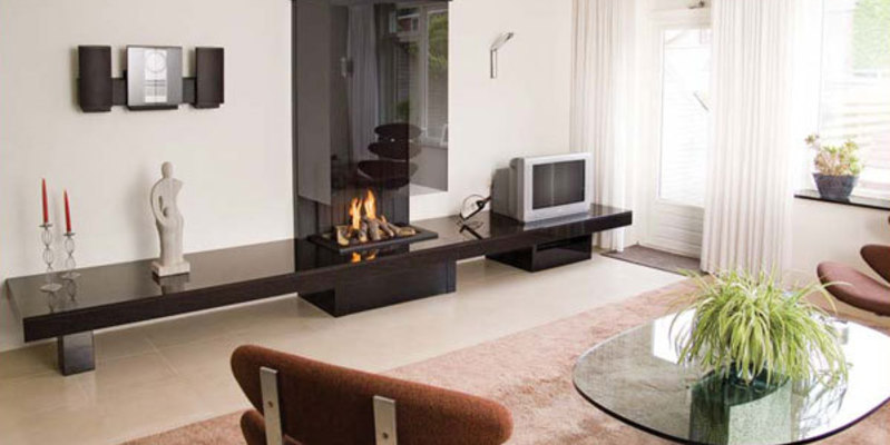 hip & happening woonkamer modern zwart driezijdig gas rechthoekig open vuur 