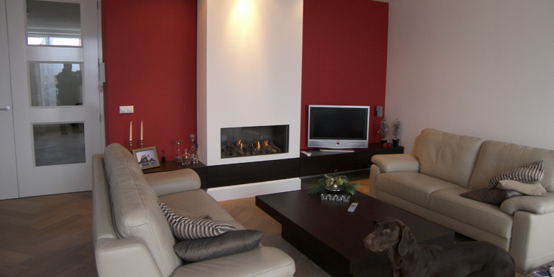 woonkamer modern inbouw front rechthoek licht & sprankelend gas wit rood plateau  