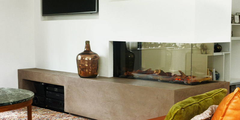 modern doorkijk inbouw licht & sprankelend gas wit rechthoekig woonkeuken plateau  