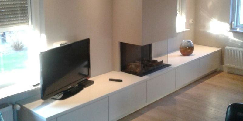 woonkamer modern inbouw rechthoek licht & sprankelend driezijdig gas wit beige plateau  