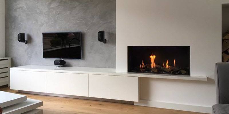 woonkamer modern inbouw front rechthoek licht & sprankelend gas wit plateau  