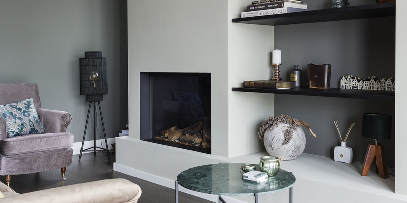 hip & happening woonkamer modern vierkant inbouw front gas zwart wit plateau  