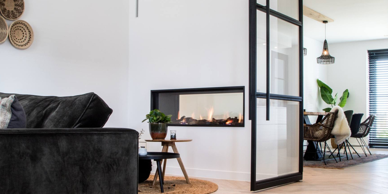 hip & happening woonkamer modern doorkijk inbouw rechthoek gas zwart wit 